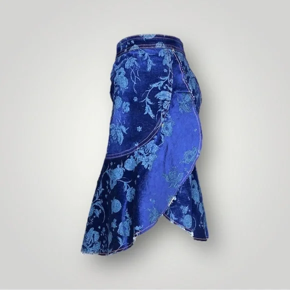 Roberto Cavalli Floral Blue Denim Skirt